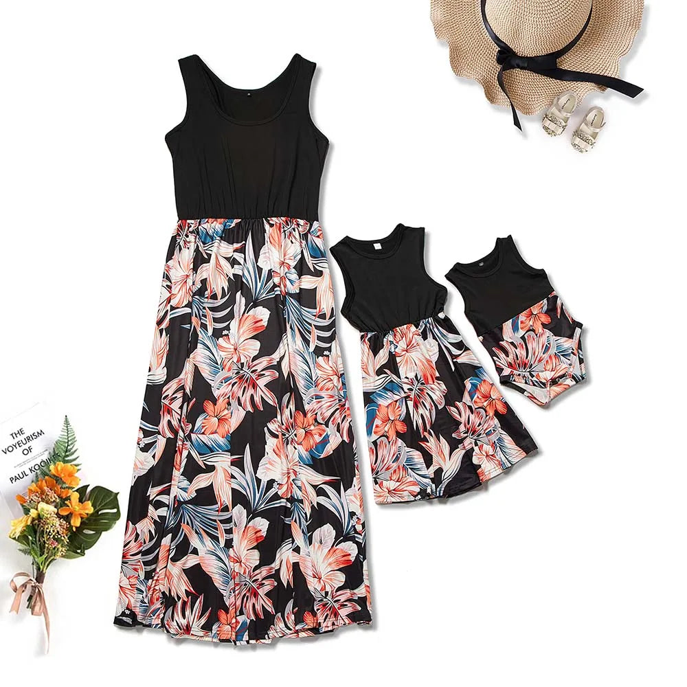 Mother Kids Family Matching Outfits Elegant Floral Long Mother and Daughter Same Dress Family Kits Mommy and Me Clothes