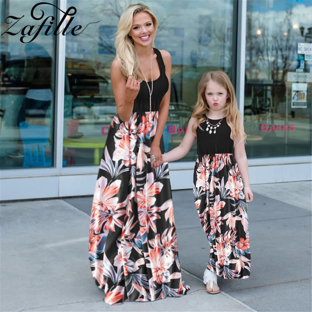 Mother Kids Family Matching Outfits Elegant Floral Long Mother and Daughter Same Dress Family Kits Mommy and Me Clothes