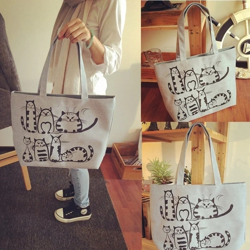 Stylish Cartoon Cat Print Canvas Tote Bag for Women - Ideal for Beach and Shopping