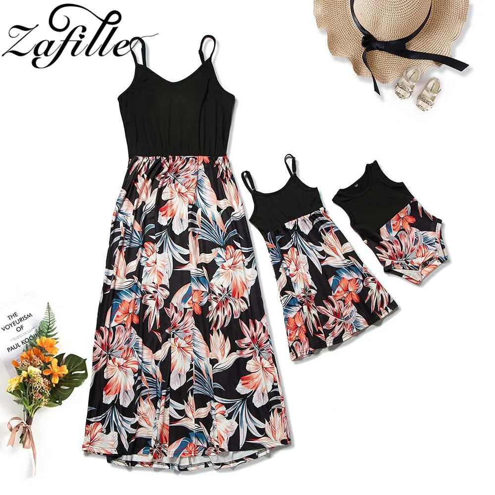 Mother Kids Family Matching Outfits Elegant Floral Long Mother and Daughter Same Dress Family Kits Mommy and Me Clothes