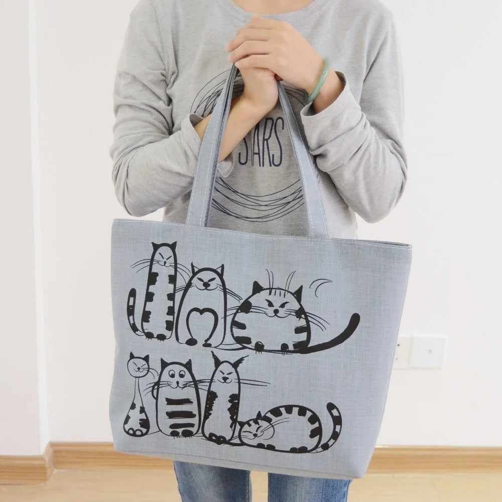 Stylish Cartoon Cat Print Canvas Tote Bag for Women - Ideal for Beach and Shopping