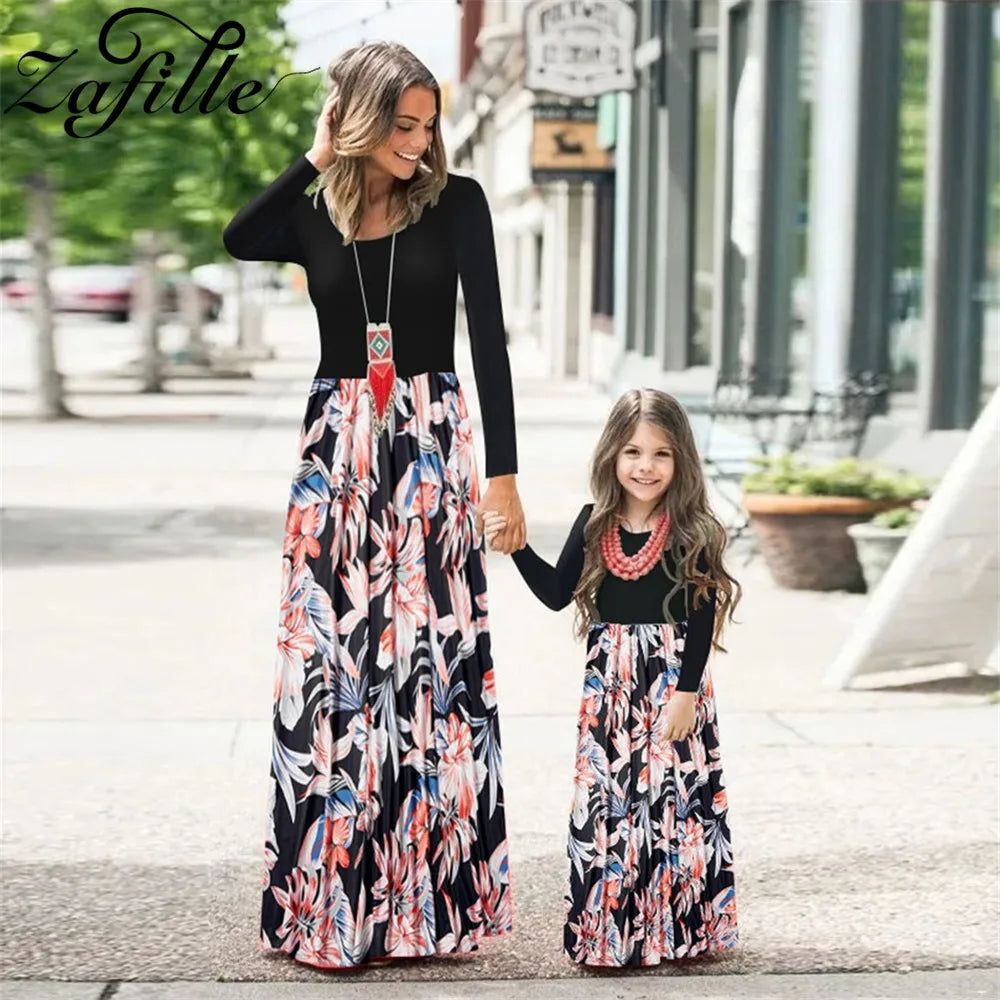 Mother Kids Family Matching Outfits Elegant Floral Long Mother and Daughter Same Dress Family Kits Mommy and Me Clothes