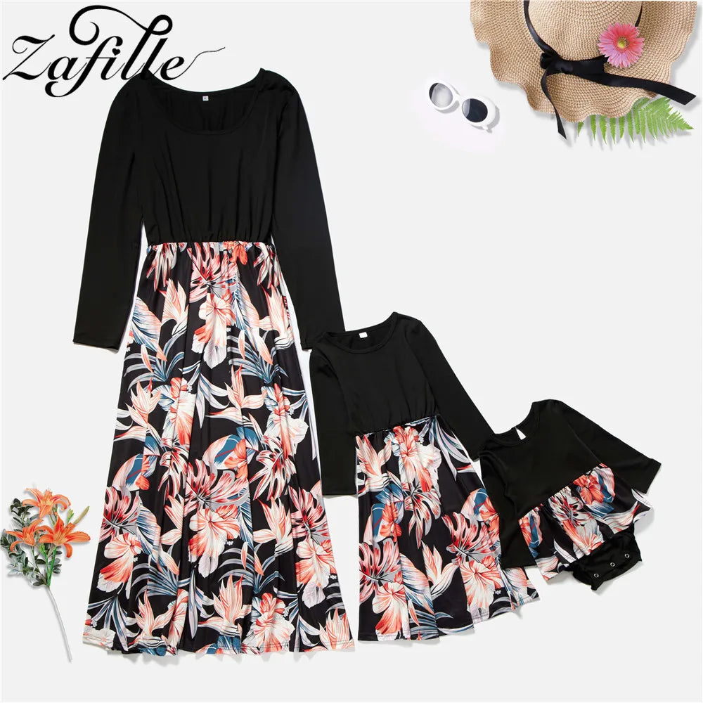 Mother Kids Family Matching Outfits Elegant Floral Long Mother and Daughter Same Dress Family Kits Mommy and Me Clothes
