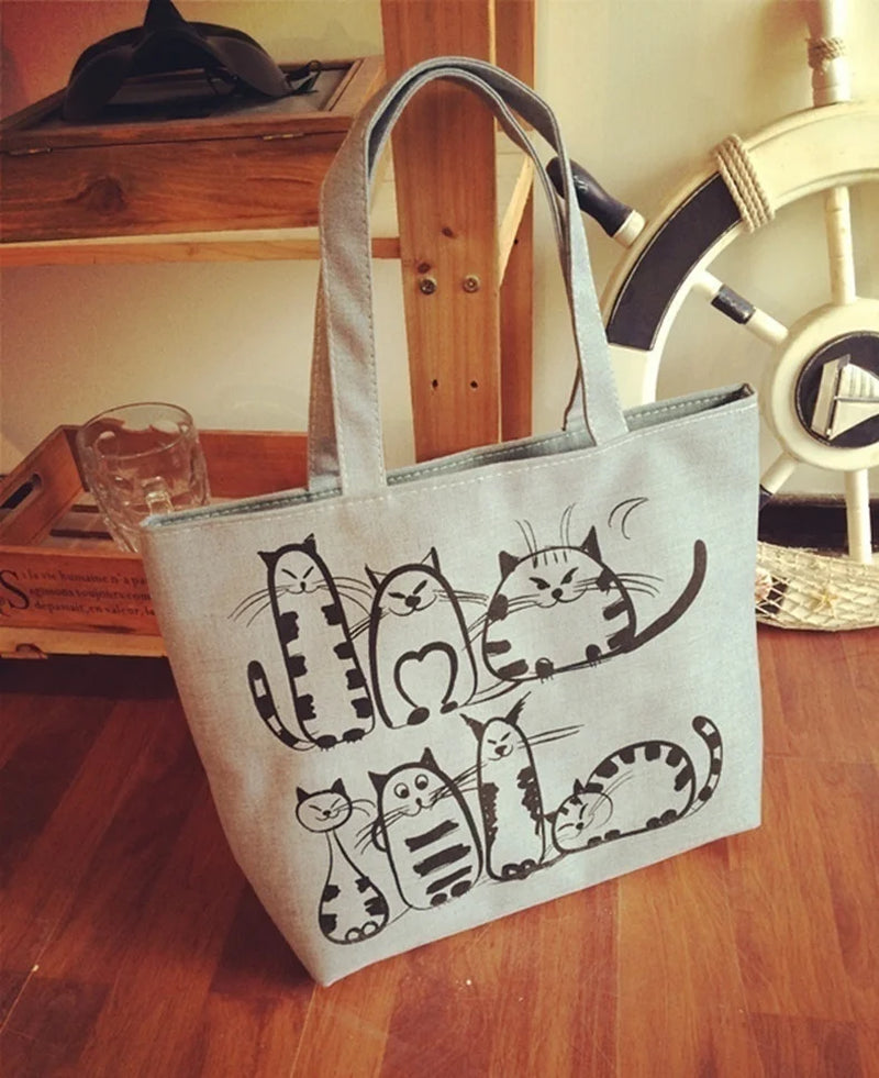 Stylish Cartoon Cat Print Canvas Tote Bag for Women - Ideal for Beach and Shopping