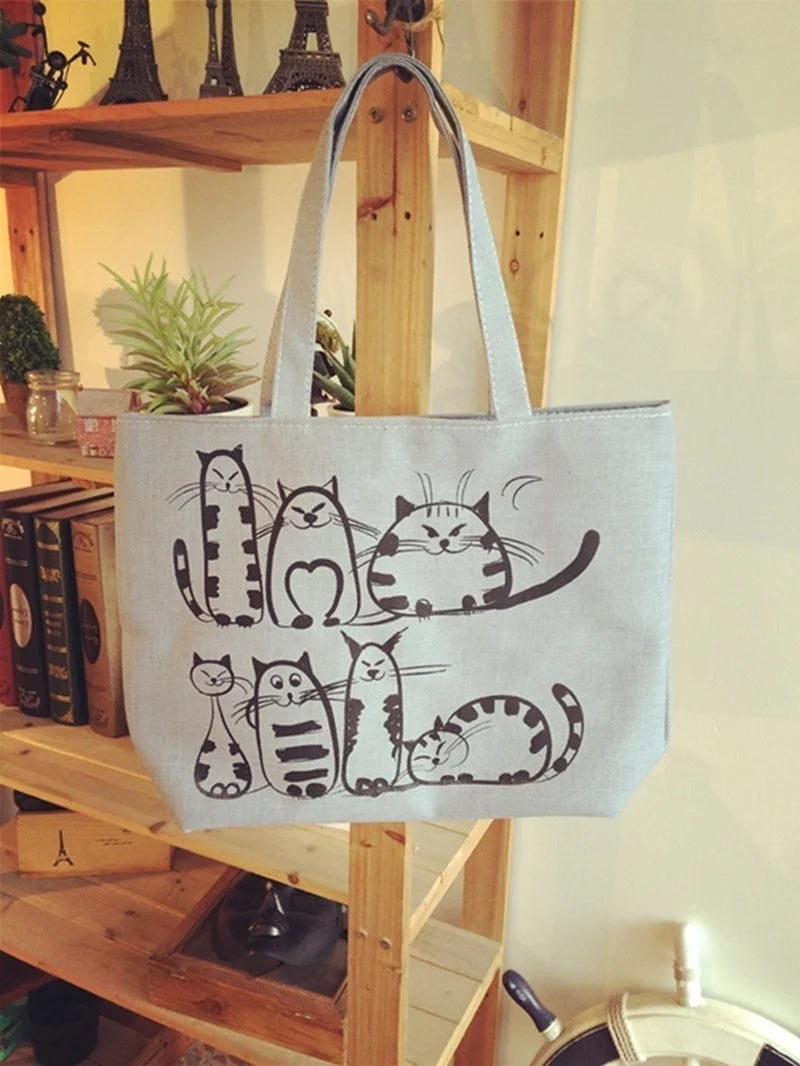 Stylish Cartoon Cat Print Canvas Tote Bag for Women - Ideal for Beach and Shopping