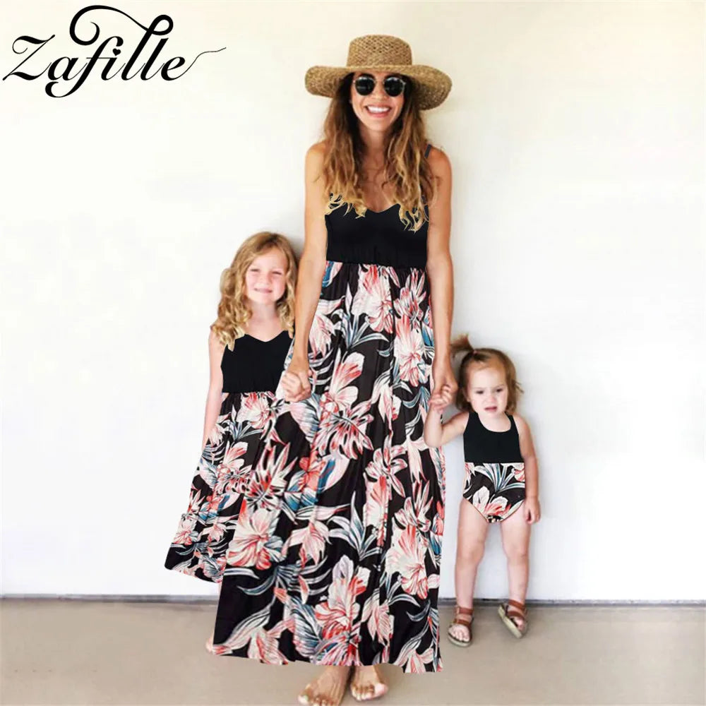 Mother Kids Family Matching Outfits Elegant Floral Long Mother and Daughter Same Dress Family Kits Mommy and Me Clothes