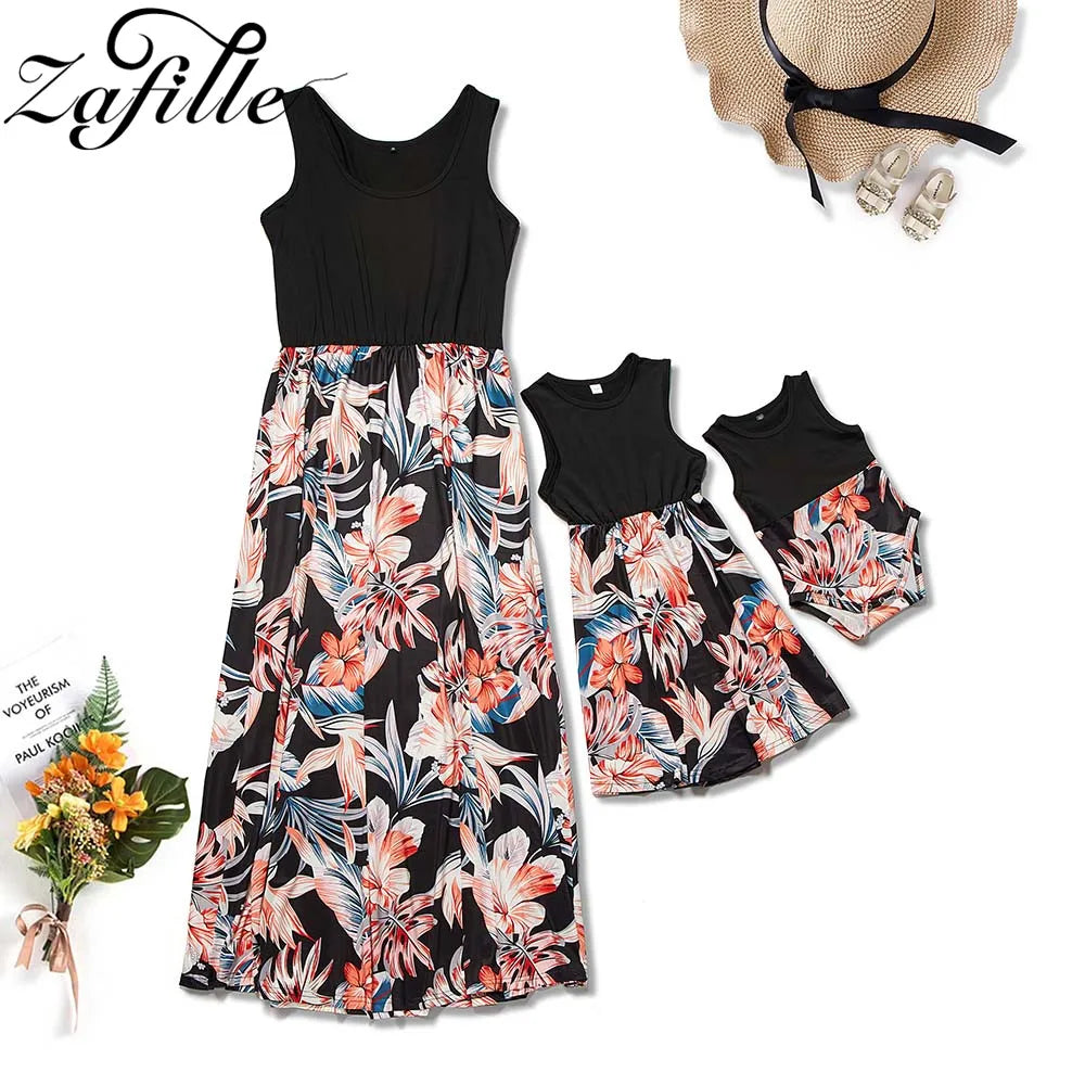 Mother Kids Family Matching Outfits Elegant Floral Long Mother and Daughter Same Dress Family Kits Mommy and Me Clothes