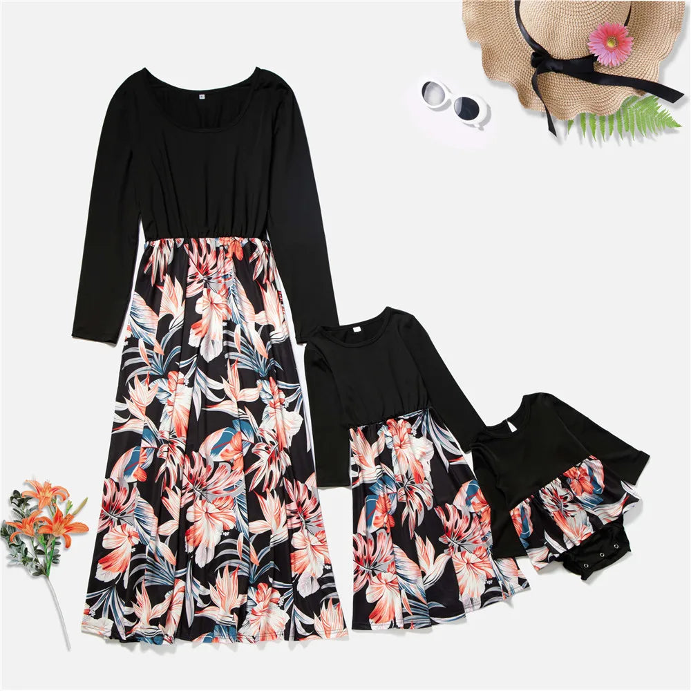 Mother Kids Family Matching Outfits Elegant Floral Long Mother and Daughter Same Dress Family Kits Mommy and Me Clothes