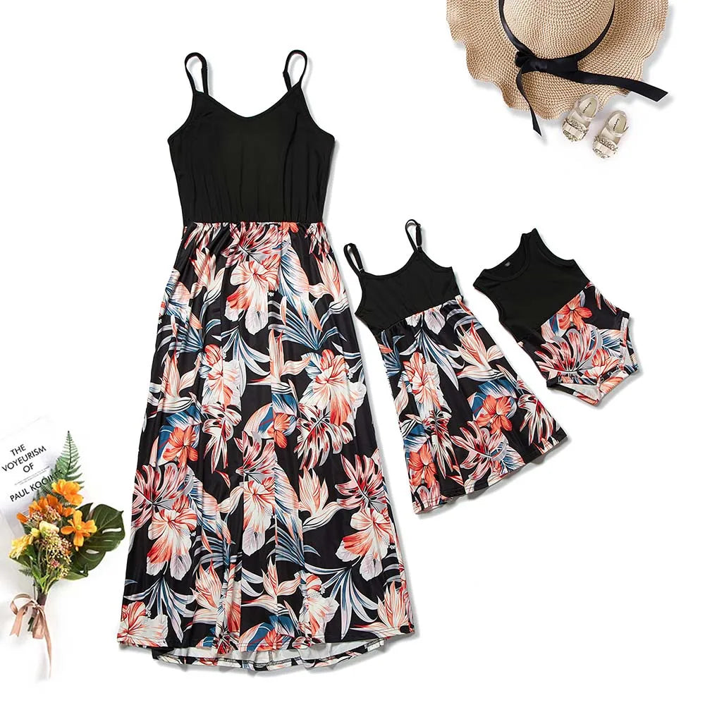 Mother Kids Family Matching Outfits Elegant Floral Long Mother and Daughter Same Dress Family Kits Mommy and Me Clothes
